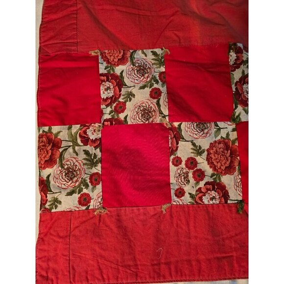 Vintage Handmade Red Cottagecore Patchwork Floral Quilted Throw Blanket - Picture 3 of 13